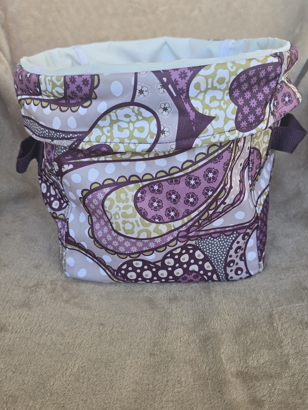 Thirty-One Round Organizing Utility Bin in a purple paisley pattern, 9"